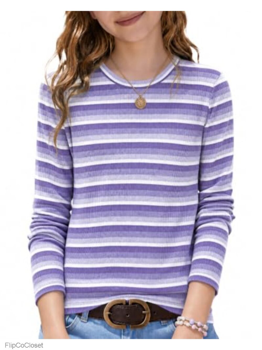 Girls Long Sleeve Striped Crewneck Tee Ribbed Knit Slim Fit Top 5-16